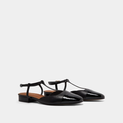 Ballerines &agrave; boucles ajustables en vernis et cuir noirs | DHAPUS