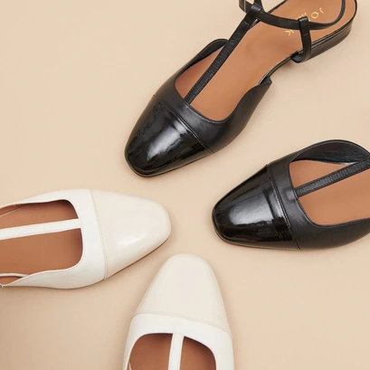 Ballerines &agrave; boucles ajustables en vernis et cuir noirs | DHAPUS