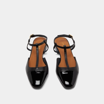 Ballerines &agrave; boucles ajustables en vernis et cuir noirs | DHAPUS