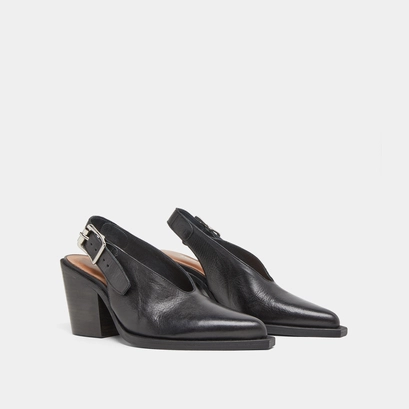 Escarpins &agrave; talons biseaut&eacute;s en cuir noir | DORY