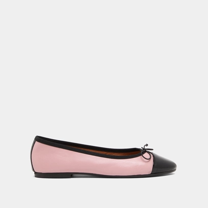 Ballerines &agrave; bouts ronds et noeuds en cuir rose et vernis noir | DAXI