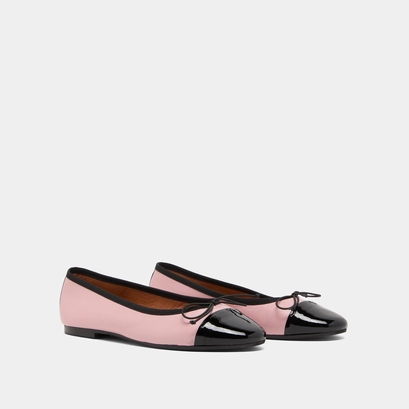 Ballerines &agrave; bouts ronds et noeuds en cuir rose et vernis noir | DAXI