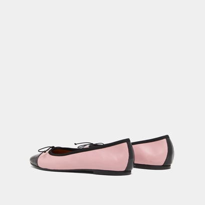Ballerines &agrave; bouts ronds et noeuds en cuir rose et vernis noir | DAXI