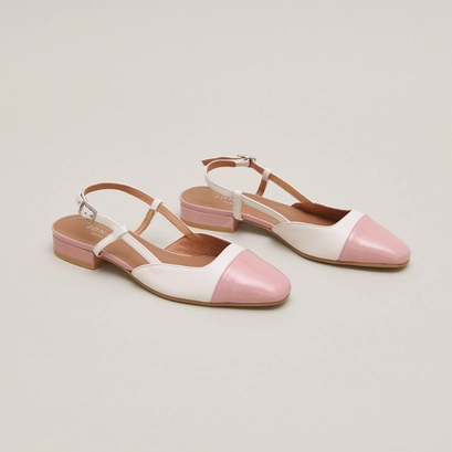 Ballerines ouvertes en cuir &eacute;cru et vernis pliss&eacute; rose | DHAPOU