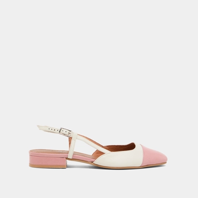 Ballerines ouvertes en cuir &eacute;cru et vernis pliss&eacute; rose | DHAPOU