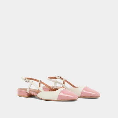 Ballerines ouvertes en cuir &eacute;cru et vernis pliss&eacute; rose | DHAPOU