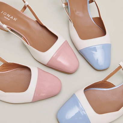 Ballerines ouvertes en cuir &eacute;cru et vernis pliss&eacute; rose | DHAPOU