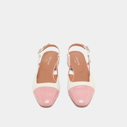 Ballerines ouvertes en cuir &eacute;cru et vernis pliss&eacute; rose | DHAPOU