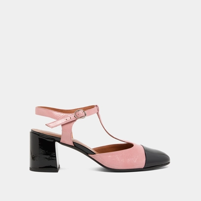 Salom&eacute;s &agrave; talons et bouts arri&egrave;res ouver... en vernis pliss&eacute; rose et en vernis noir | DHAPS