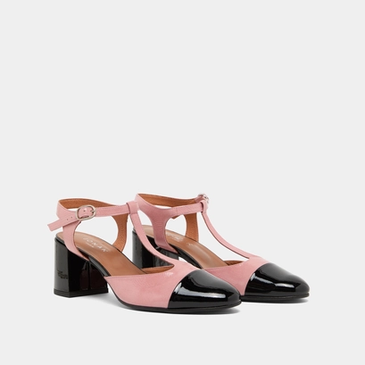 Salom&eacute;s &agrave; talons et bouts arri&egrave;res ouver... en vernis pliss&eacute; rose et en vernis noir | DHAPS