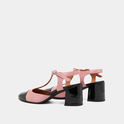 Salom&eacute;s &agrave; talons et bouts arri&egrave;res ouver... en vernis pliss&eacute; rose et en vernis noir | DHAPS