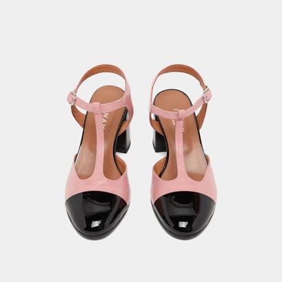 Salom&eacute;s &agrave; talons et bouts arri&egrave;res ouver... en vernis pliss&eacute; rose et en vernis noir | DHAPS
