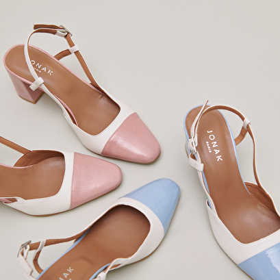 Slingbacks à talons en cuir écru et en vernis bleu ciel | DHAPOP | Jonak