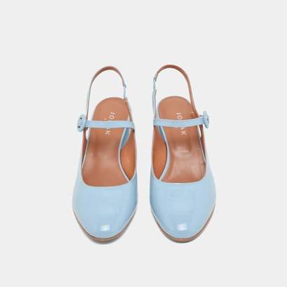 Babies &agrave; talons et bouts arri&egrave;res ouvert... en vernis bleu ciel | DOLLAR