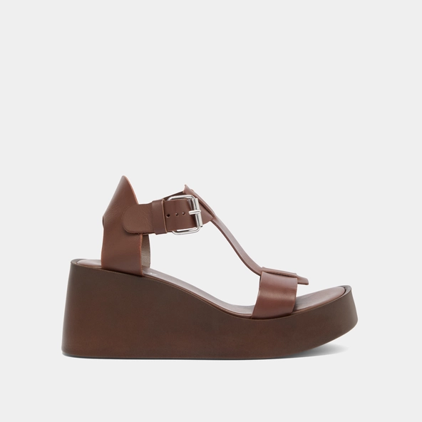 Sandales compens&eacute;es &agrave; boucles ajustables en cuir marron fonc&eacute; | ESTELLE | Jonak
