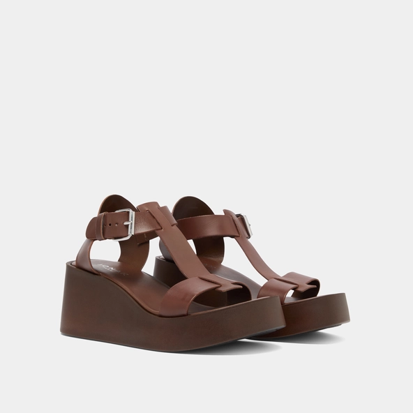 Sandales compens&eacute;es &agrave; boucles ajustables en cuir marron fonc&eacute; | ESTELLE | Jonak