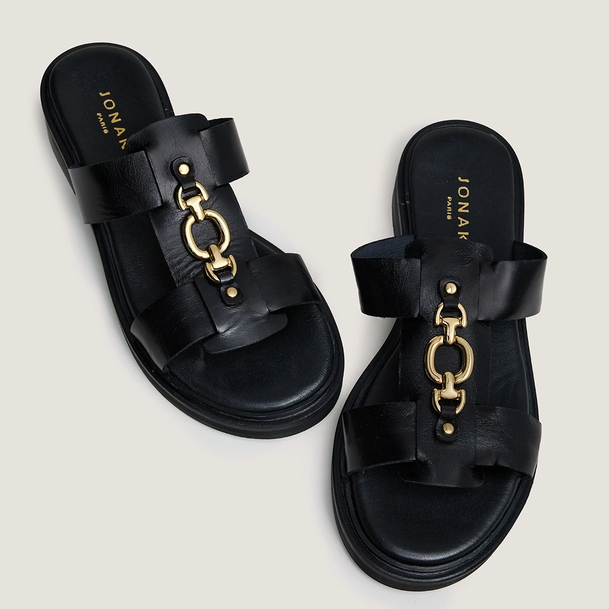 Mules à mors dorés en cuir noir | DOP | Jonak