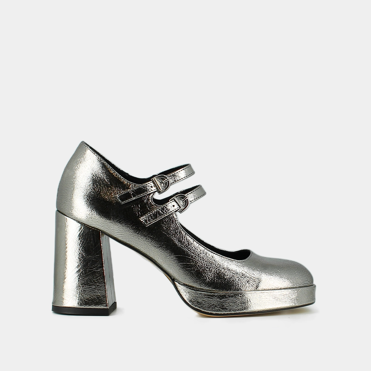 Babies &agrave; doubles brides et plateformes en cuir m&eacute;tallis&eacute; argent fonc&eacute; | VERITE | Jonak