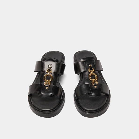 Mules à mors dorés en cuir noir | dop