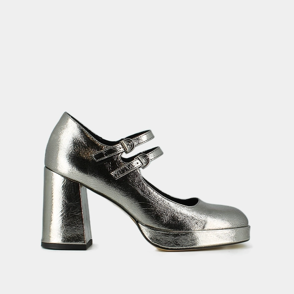 Babies &agrave; doubles brides et plateformes en cuir m&eacute;tallis&eacute; argent fonc&eacute; | VERITE | Jonak