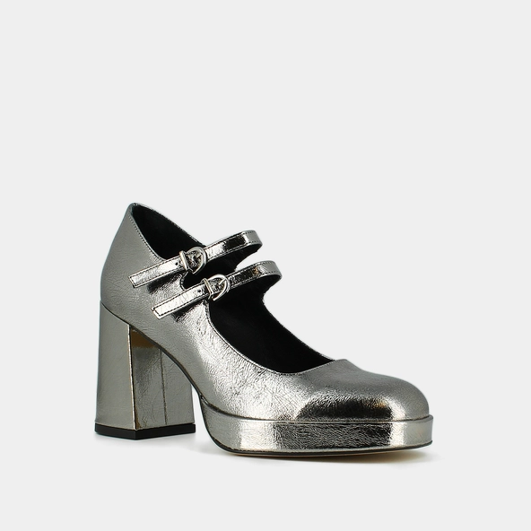 Babies &agrave; doubles brides et plateformes en cuir m&eacute;tallis&eacute; argent fonc&eacute; | VERITE | Jonak