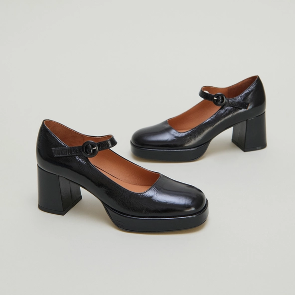Babies à talons et brides uniques en cuir brillant noir | VUELO | Jonak