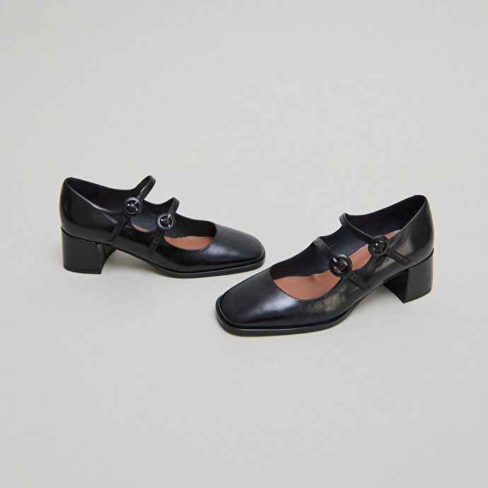Babies à doubles brides et bouts arrondi... en cuir noir | DELOU | Jonak